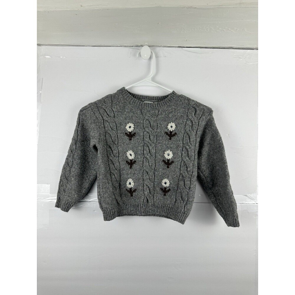 Zara Girls Grey Cable Knit Sweater Size 6 116cm Embroidered Flowers
